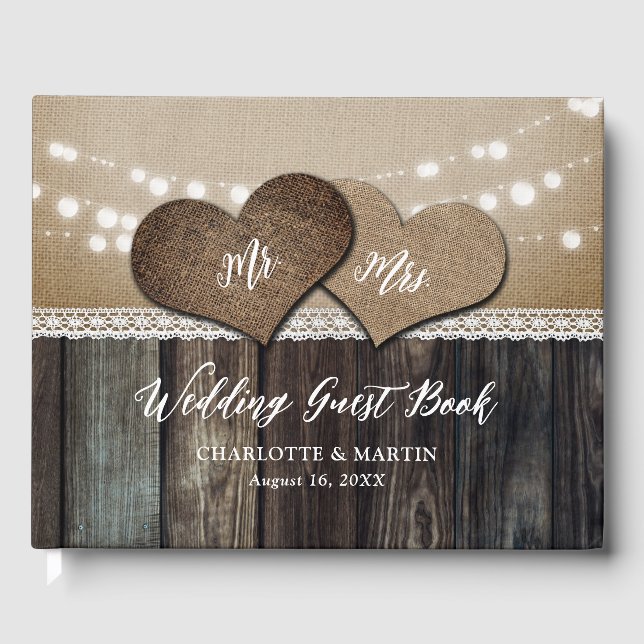 Romantic Rustic Country Wood Mr. & Mrs. Wedding Guest Book (Front)