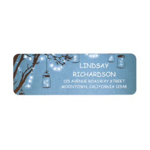 Romantic Rustic Fireflies Mason Jars Blue Wedding Return Address Label