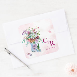 Romantic Rustic Floral Monogram Wildflower Wedding Square Sticker