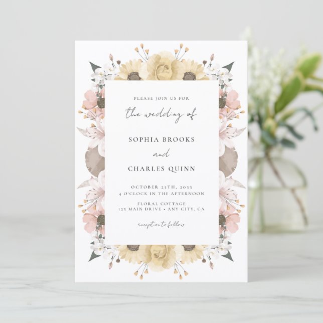 Romantic Rustic Floral Neutral Photo Wedding Invitation (Standing Front)