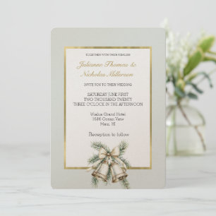 Romantic Rustic Green White Gold Bells Bow Wedding Invitation
