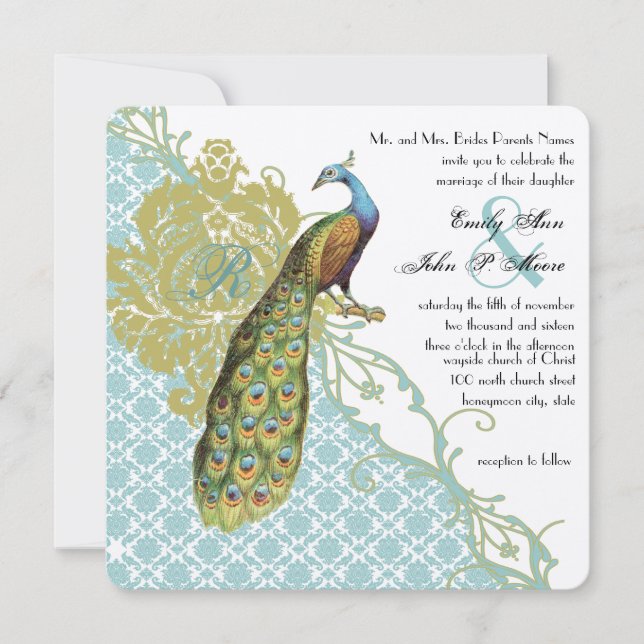 Romantic Rustic Mint Peacock Damask Wedding Invitation (Front)