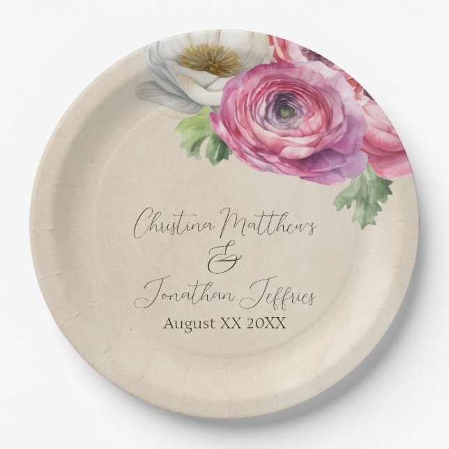 Romantic Rustic Pink & White Ranunculus Paper Plate (Front)