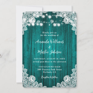Romantic Rustic Teal Wood Lace Wedding Invitation