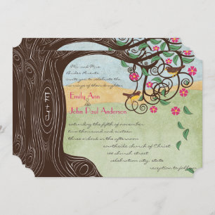 Romantic Rustic Tree Cherry Blossom Cute Lovebirds Invitation