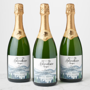 Romantic Rustic Watercolor Mountains Tree Wedding  Sparkling Wine Label