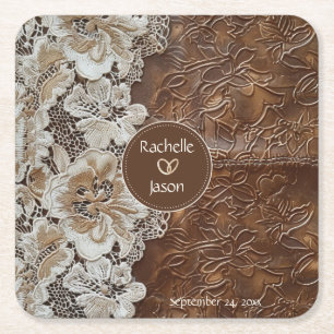Romantic Rustic Western Country Leather and Lace Square Paper Coaster