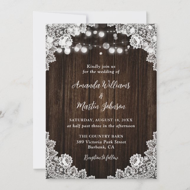 Romantic Rustic Wood Floral Lace Wedding Invitation (Front)