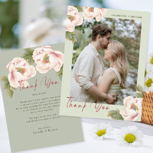 Romantic Sage & Blush Peony Floral Photo Wedding Thank You Card