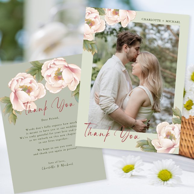 Romantic Sage & Blush Peony Floral Photo Wedding  Thank You Card (Creator Uploaded)