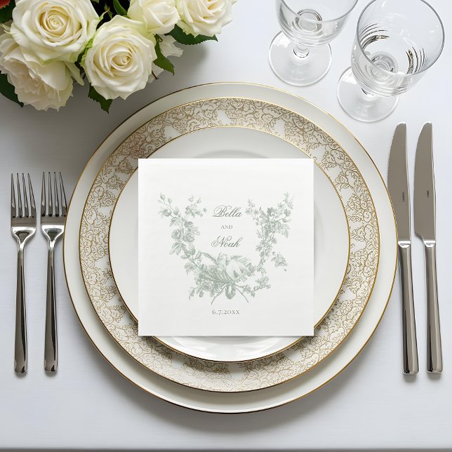 Romantic Sage Floral Wreath w/Lovebirds Wedding Napkin (Creator Uploaded)