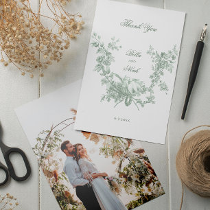 Romantic Sage Floral Wreath w/Lovebirds Wedding Thank You Card
