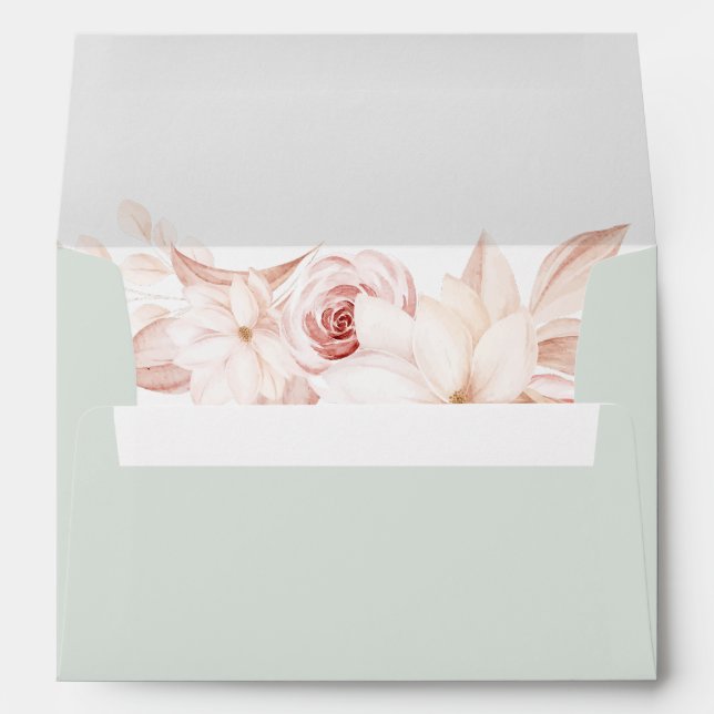 Romantic Sage Green and Blush Pink Roses Wedding  Envelope (Back (Bottom))