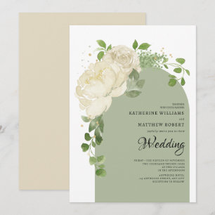 Romantic Sage Green Cream Roses Boho Floral Arch Invitation