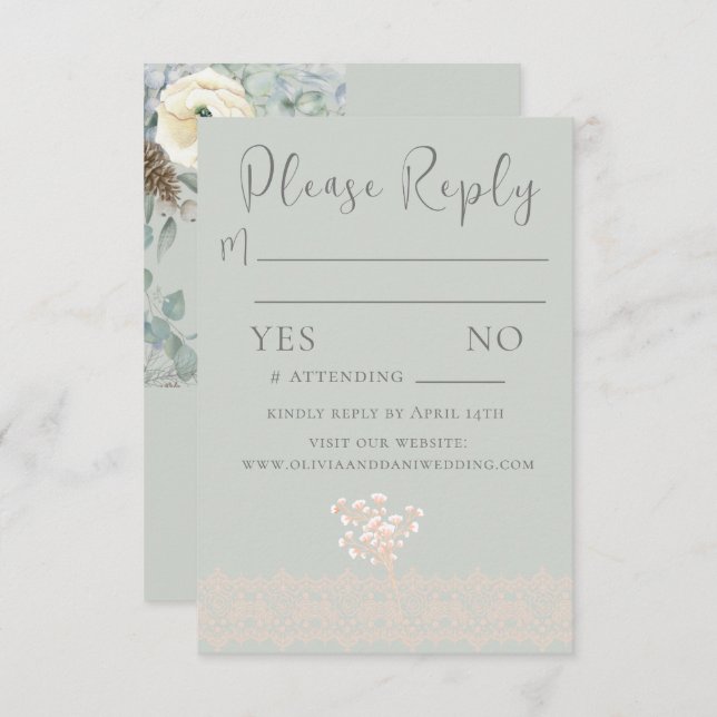Romantic Sage Green White Floral RSVP Card (Front/Back)