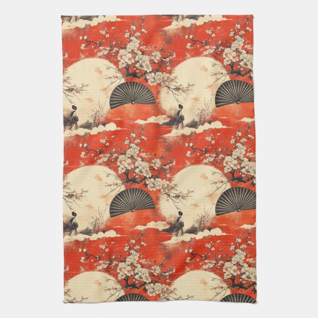 Romantic Sakura Kimono Couple Pattern (1) Tea Towel (Vertical)