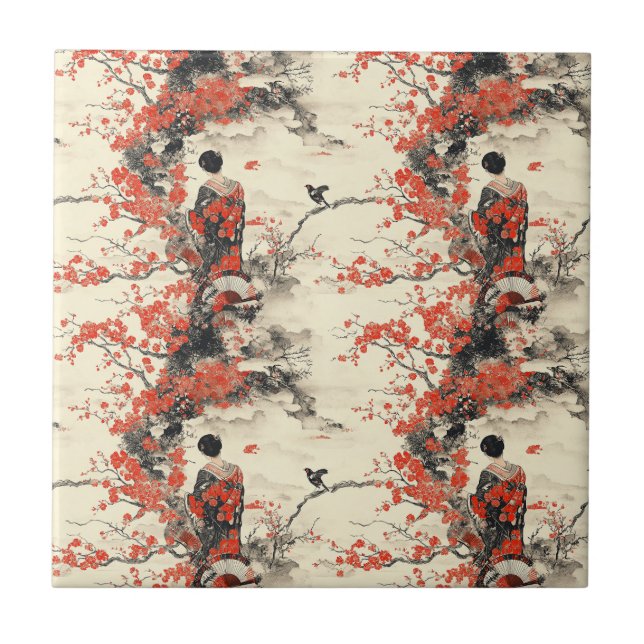Romantic Sakura Kimono Couple Pattern (2) Ceramic Tile (Front)