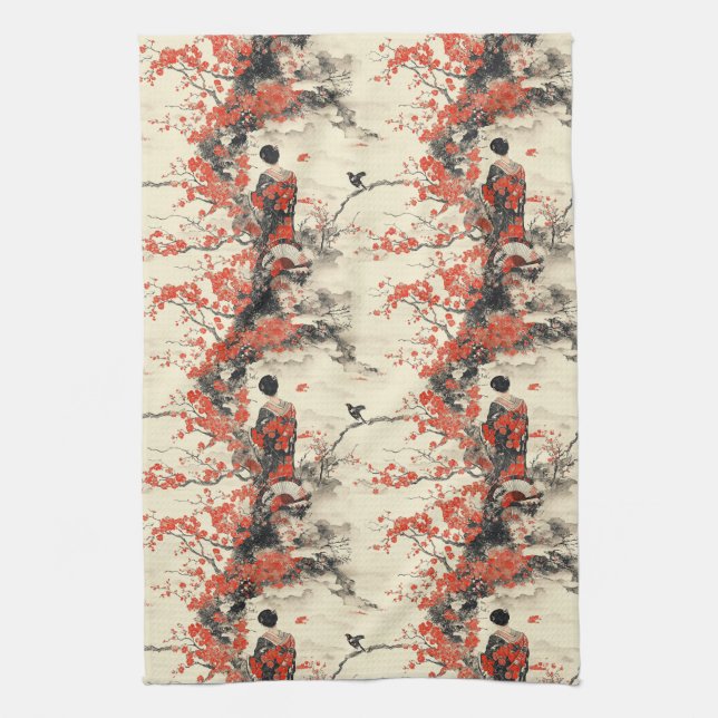 Romantic Sakura Kimono Couple Pattern (2) Tea Towel (Vertical)
