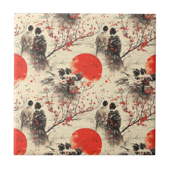 Romantic Sakura Kimono Couple Pattern (3) Ceramic Tile (Front)
