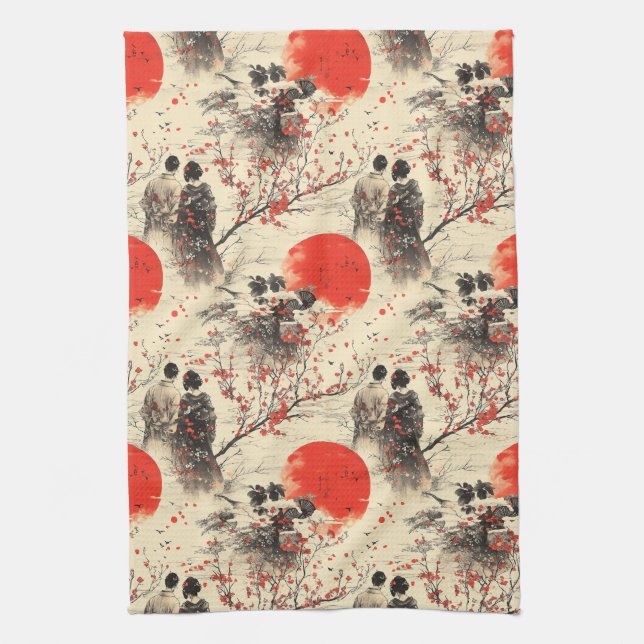 Romantic Sakura Kimono Couple Pattern (3) Tea Towel (Vertical)