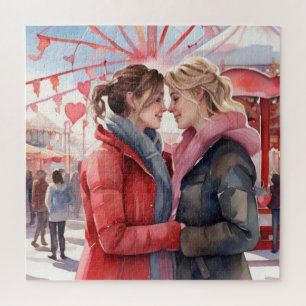 Romantic Sapphic Couple Watercolor Jigsaw Puzzle