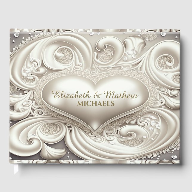 Romantic Satin Heart Ivory Coloured Guest Book (Front)