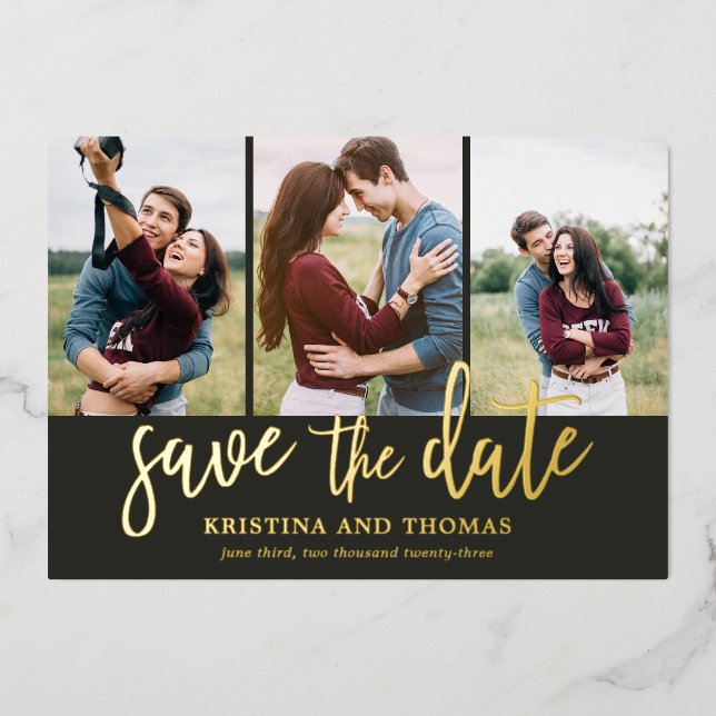 Romantic Script 3 Photo Collage Save The Date (Front)