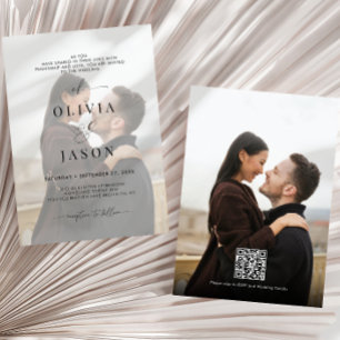 Romantic Script Black White Photo QR Code Wedding Invitation