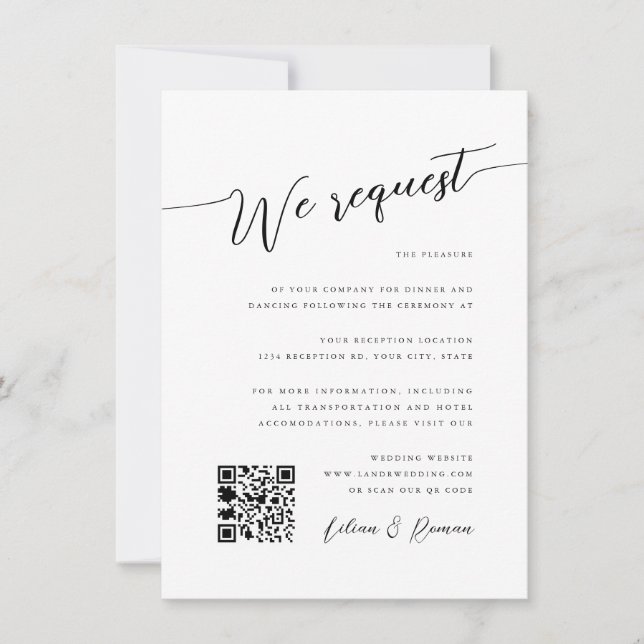 Romantic Script Black & White Wedding Reception Invitation (Front)