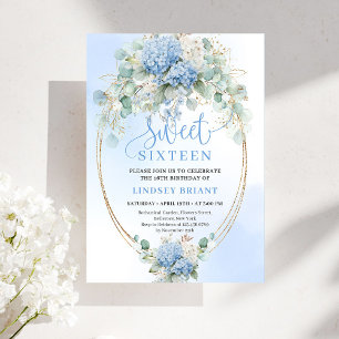 Romantic Script Blue Floral Eucalyptus Sweet 16  Invitation