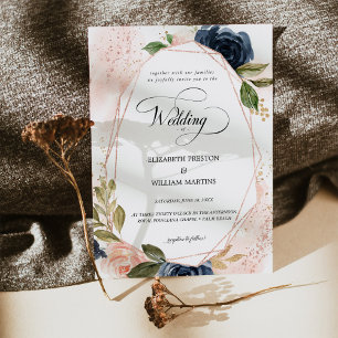 Romantic Script Blush Pink Navy Floral Wedding Invitation