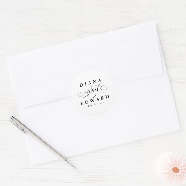 Romantic Script Bride's and Groom's Names Wedding Classic Round Sticker (Envelope)