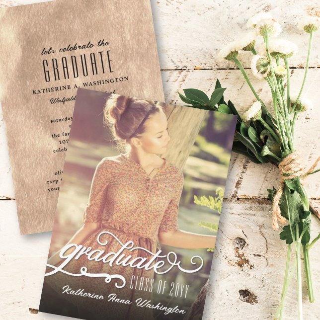Romantic Script Bronze Foil Photo Graduation Party Invitation (Creator Uploaded)