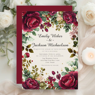 Romantic Script Burgundy Floral Wedding Invitation