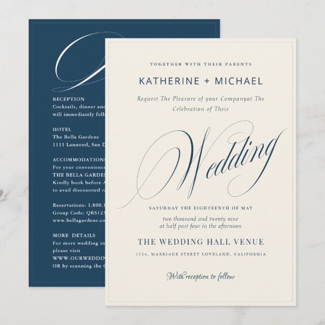 Romantic Script Calligraphy&Details QRcode Wedding Invitation (Front/Back)