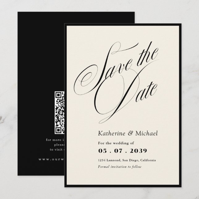 Romantic Script Calligraphy QR code Wedding Save The Date (Front/Back)
