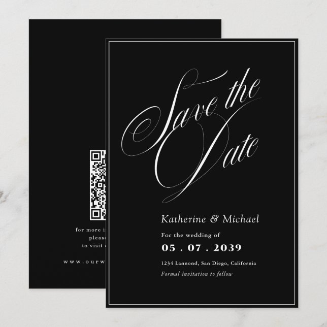 Romantic Script Calligraphy QR code Wedding Save The Date (Front/Back)