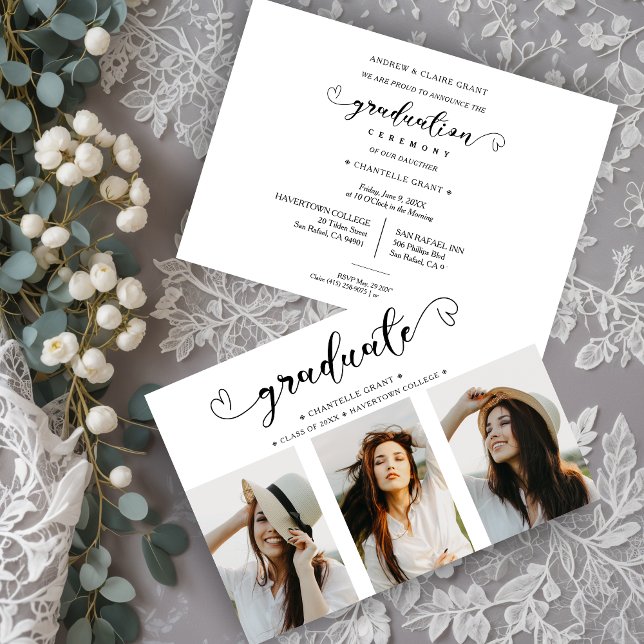 Romantic Script Collage 3 Photos Graduation Invitation (Romantic Script Typography Collage 3 Photos Graduation Invitation.)