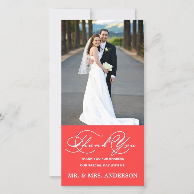 ROMANTIC SCRIPT CORAL WEDDING THANK YOU PHOTO CARD (Front)