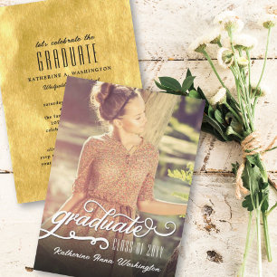 Romantic Script Gold Foil Photo Graduation Party Invitation