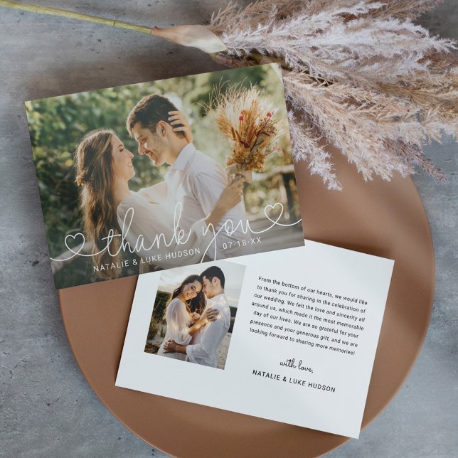 Romantic Script Hearts Wedding Photo Thank You Card (Creator Uploaded)