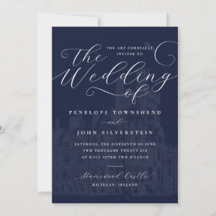 Romantic Script Navy Castle Illustration Wedding Invitation