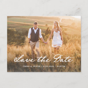 Romantic Script   Photo and QR Code Save The Date Postcard