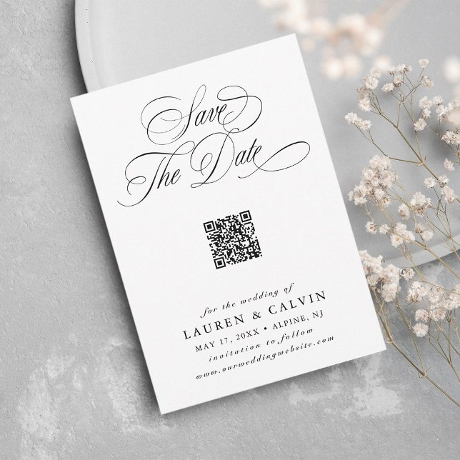 Romantic Script QR Code Black & White  Save The Date (Creator Uploaded)