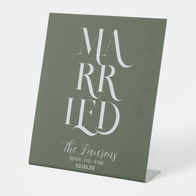 Romantic Script Sage GREEN Married Wedding    Pedestal Sign (Front)
