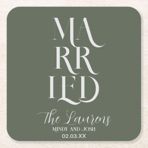 Romantic Script Sage GREEN Married Wedding Square Paper Coaster
