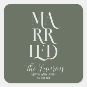 Romantic Script Sage GREEN Married Wedding  Square Sticker
