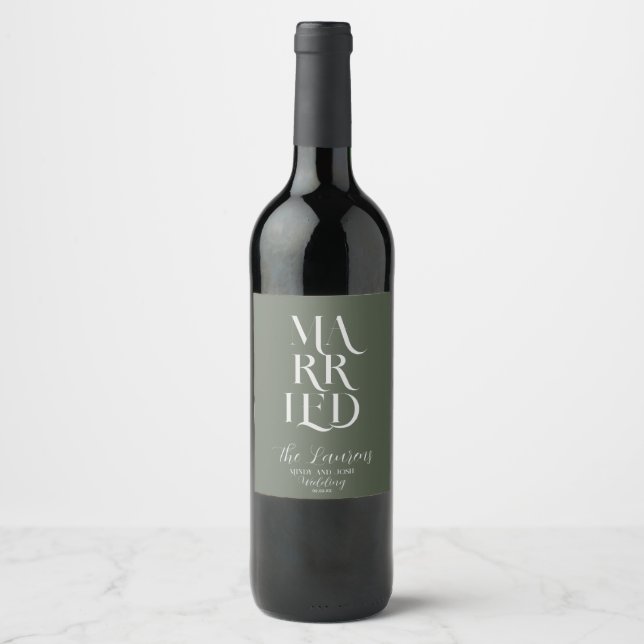 Romantic Script Sage GREEN Married Wedding  Wine Label (Front)