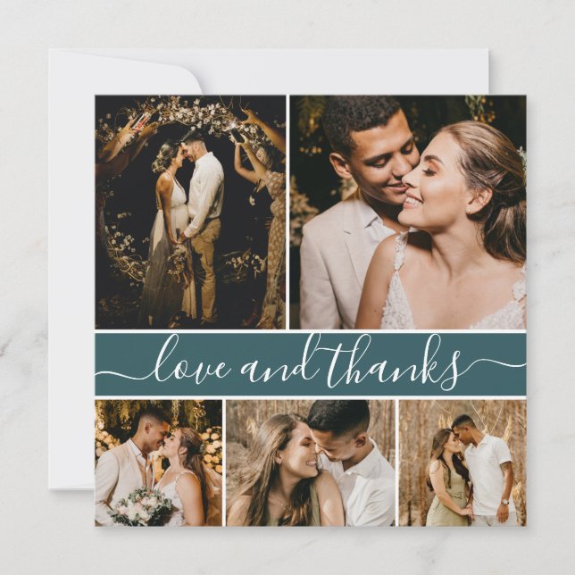 Romantic Script Teal 5 Photo Collage Wedding Thank You Card (Front)