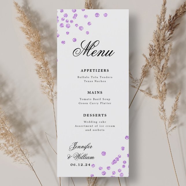 Romantic Script Wedding Confetti Purple  Menu (Romantic Script Wedding Confetti Purple Menu)